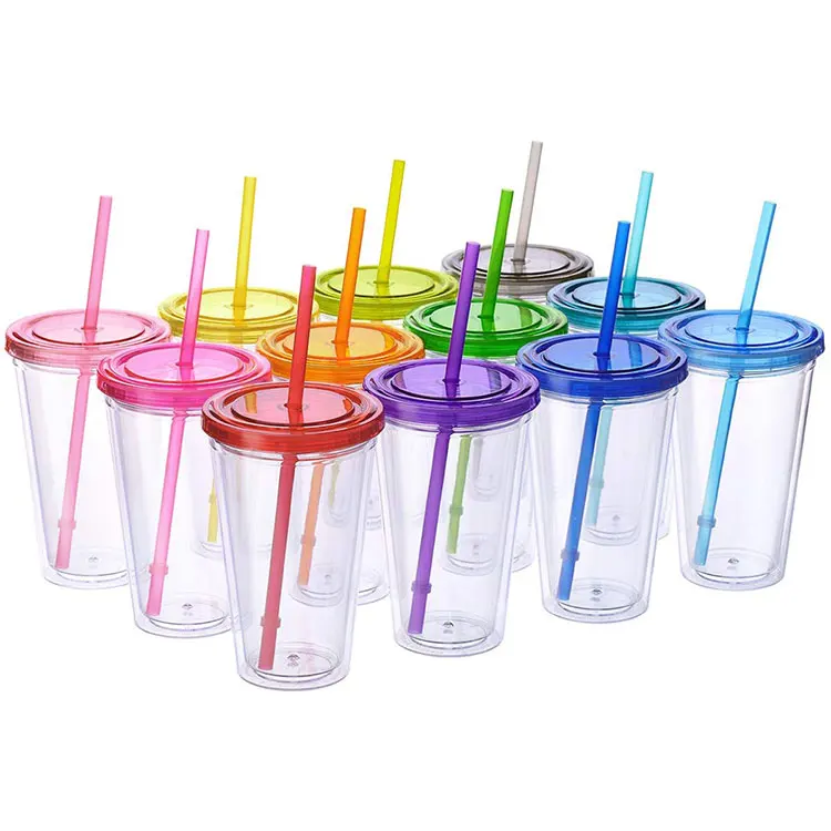 

24oz Reusable Travel Ice Coffee Mugs cup Double Wall Insulate Clear Plastic Tumblers With Straw And Lid In Bulk