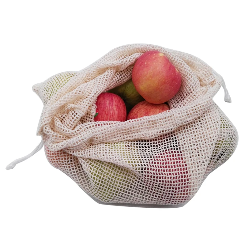 

BSCI Audit Eco Friendly Reusable Cotton Produce Net Mesh Drawstring Bag Pouch with Packaging Drawstring, Natural