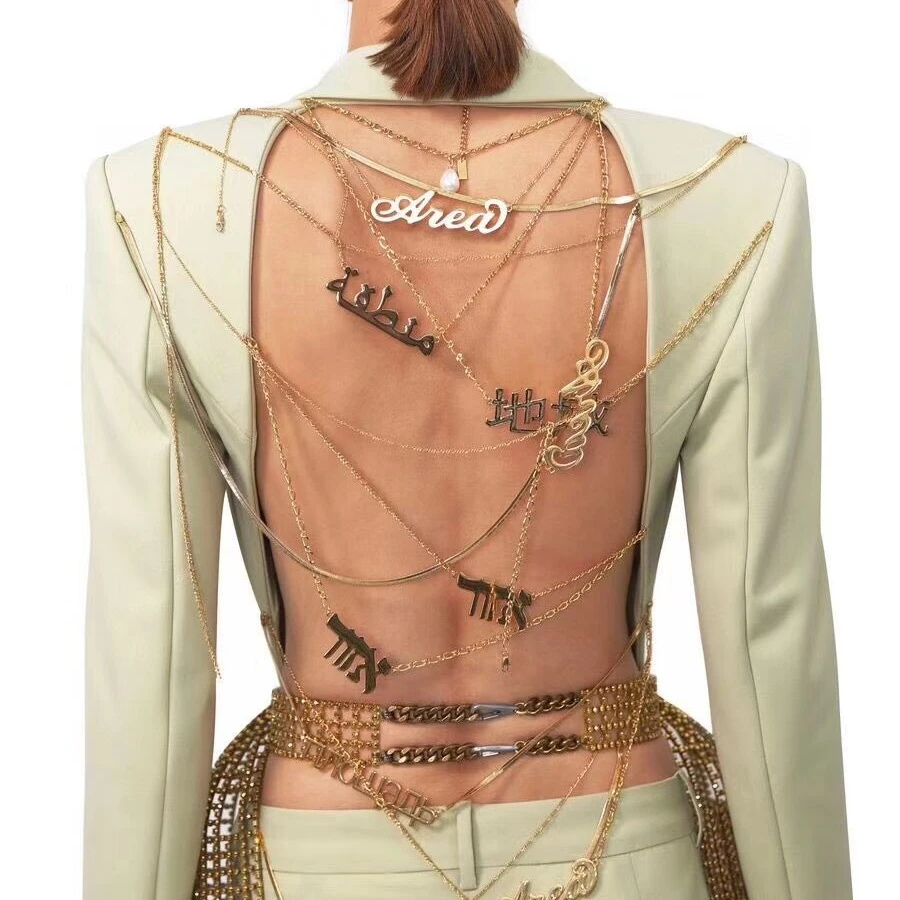 

2020 Trendy fashion Long Sleeve Blazer Leisure Women Suits back hollow out golden chains tassel sexy backless ladies blazer set, Picture