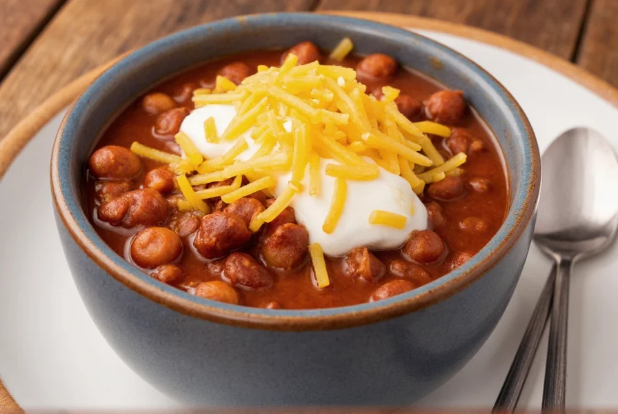 Finished bowl of chili by george served with traditional toppings including shredded cheese and sour cream
