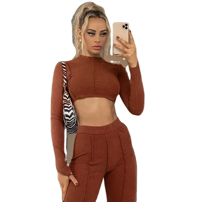 

Fashion Streetwear Casual Suit Long Sleeve Back Bandage Crop Top Two Piece Wide Leg Pants Set with Chain