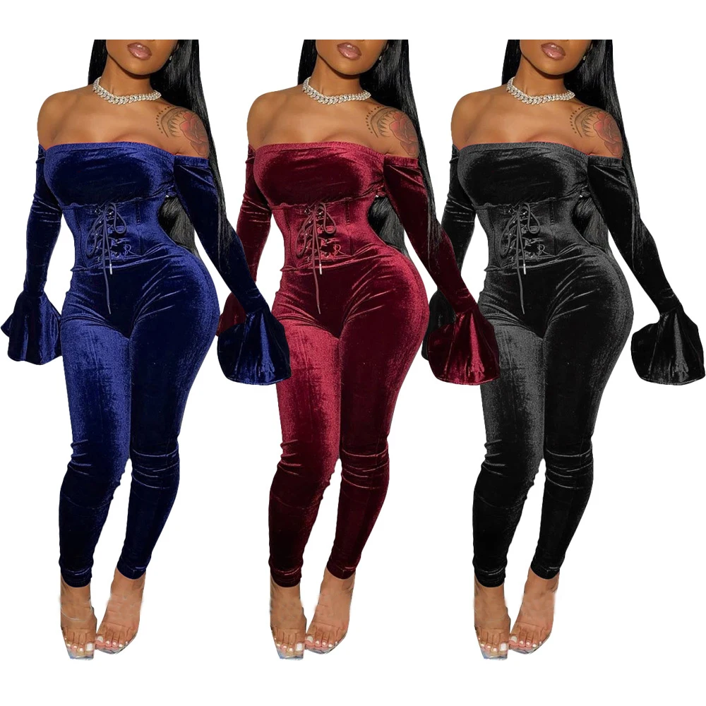 

FS2096D women long sleeve off the shoulder bandage tops and pants two piece sets casual Outfit