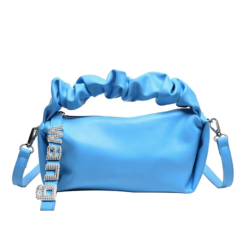 

summer trending large capacity casual ladies hand bags ruched pu handle shoulder bags for women luxury rhinestone purse