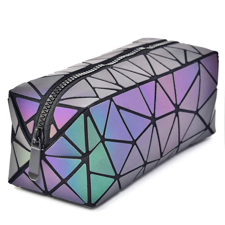 

Factory Supply cosmetic bag geometric Rainbow Pu Diamond Cosmetic Bags, Luminous