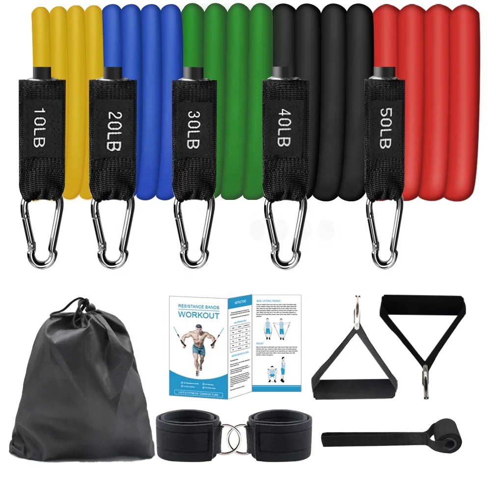 

wholesale 11 pcs latex resistance toning tube resistance bands, Yellow, blue, green, black, red, or customized