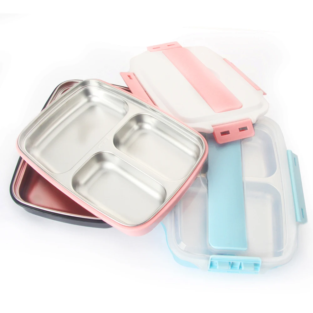 

Plastic leakproof lid bento box 3 compartments stainless steel lunch box for school office, Green, blue, pink, black