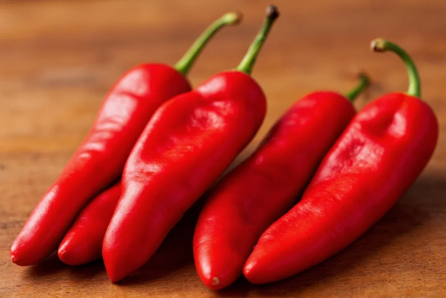 Close-up of fresh Marconi red peppers showing their tapered shape and vibrant red color on a wooden table