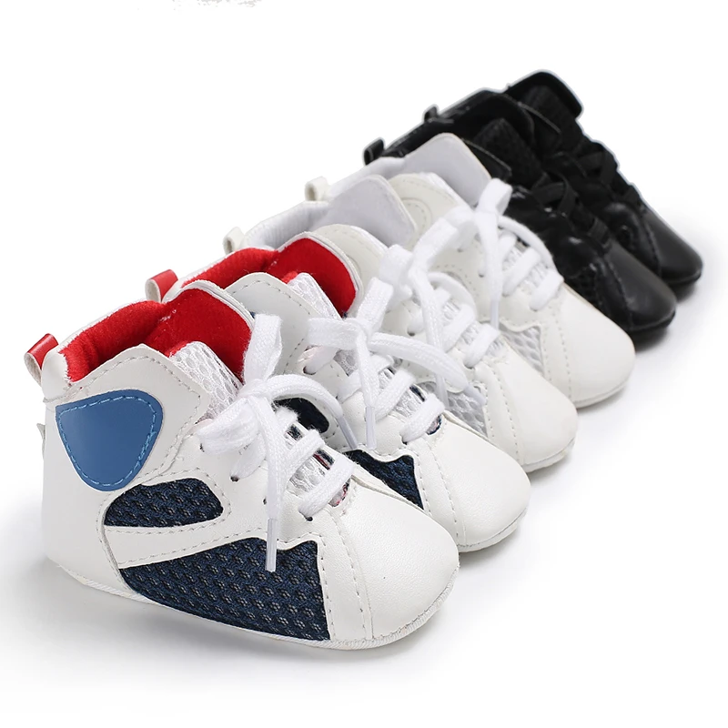 

Wholesale cheap PU sports soft bottom 0-18 months lacing baby boy shoes, White, blue, black