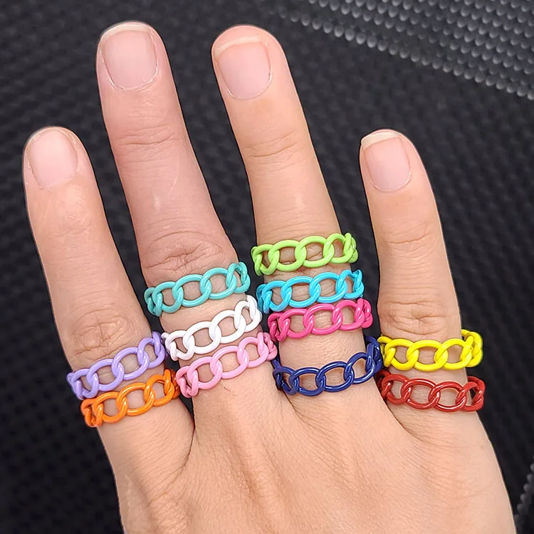 

RA1013 Hot Selling Neon Enamel Rainbow Colored Curb Link Chain Brass Metal Stackable Rings for Ladies