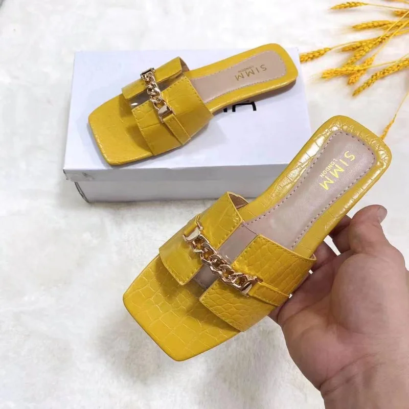 

New chic girls clear slides croc embossed square peep toe lady flats mules summer fashion metal buckle detail slippers