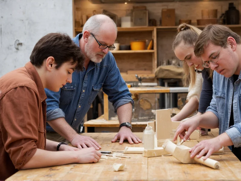 Group of adults learning woodworking in community workshop
