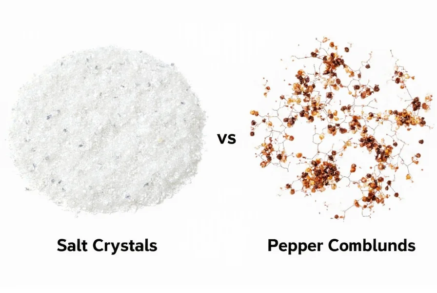 Scientific illustration showing molecular structure differences between salt crystals and pepper compounds