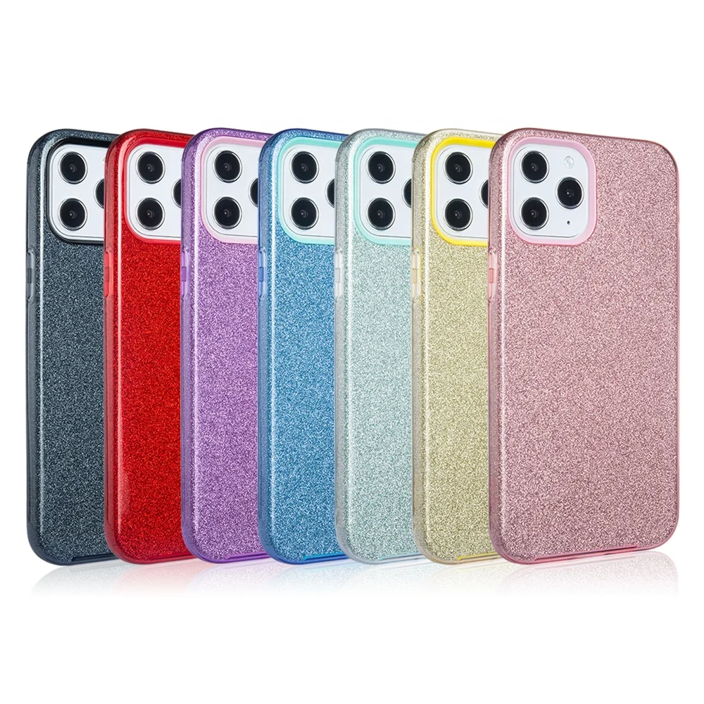 

Fashion Grip TPU PC Hybrid 3 in 1 Glitter Powder Shining Mobile Phone Case for iPhone 12, Black, red, purple, blue, sky blue, yellow, pink