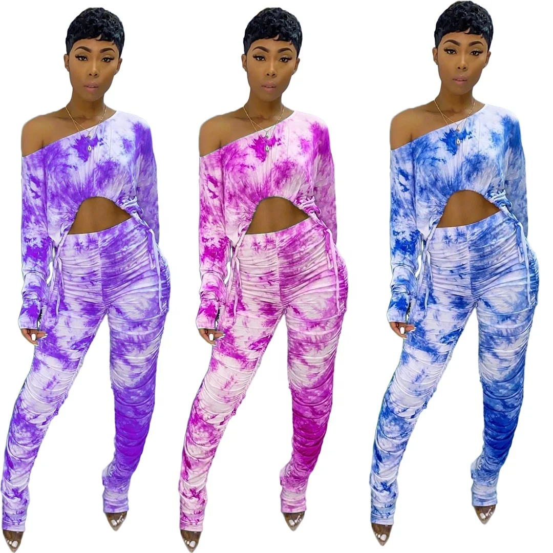 

AI27-8210 European and American women's tie-dye printing oblique shoulder hip hip slim fit fold casual two-piece suit