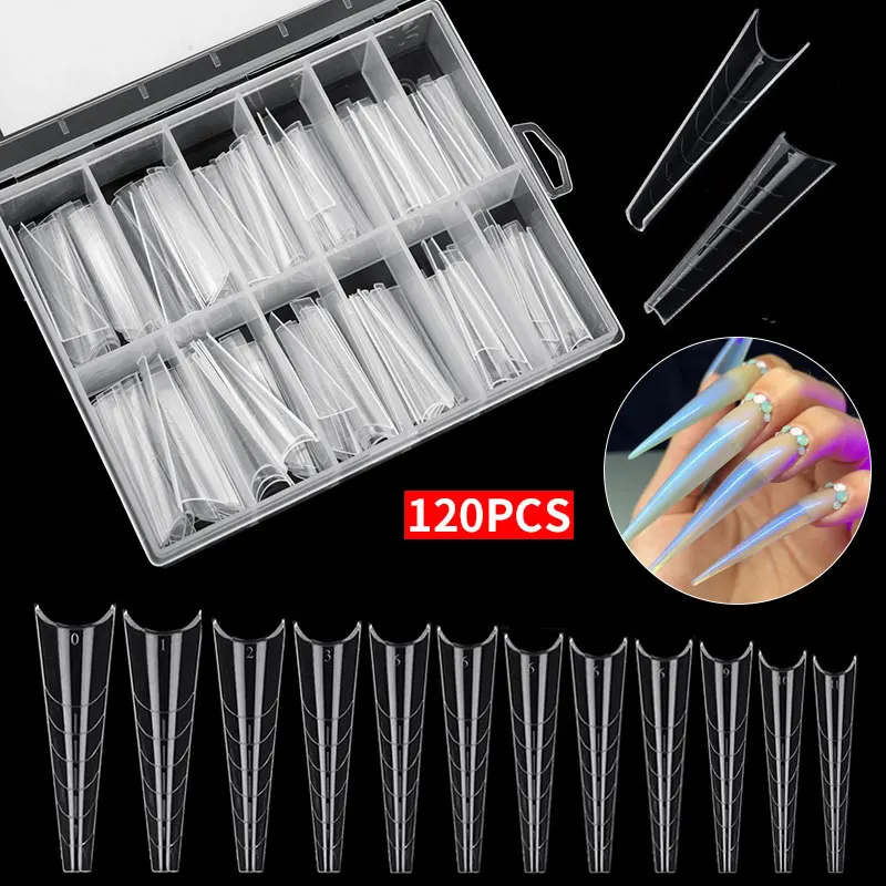 

120pcs Quicking Building Mold Tips Nail UV Gel Dual Forms Arched Long Coffin Square Ballerina Stiletto Nail Extension Mold, Transparent