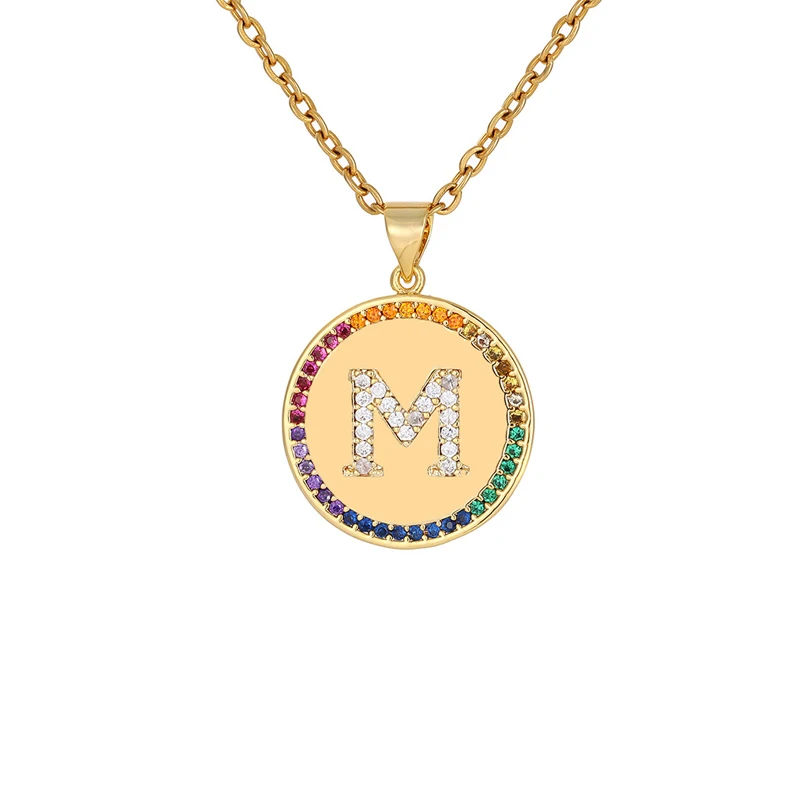 

A-Z Custom Fashion 18K Gold Plated Round Colorful Zircon Diamond Initial Letter Pendants Necklace