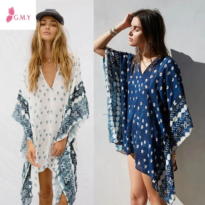 

amazon top seller 2020 fashion Summer women Girls Bohemian Free Size wholesale kaftans Beachwear Cover Up, White/navy