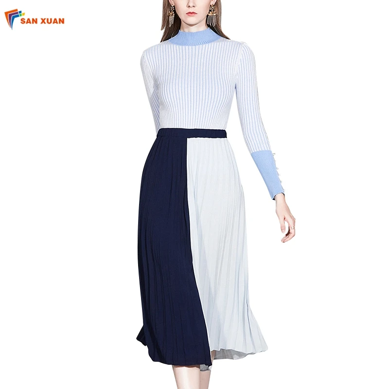 In stock blue knitted long sleeve o neck top and fashion patchwork pleated women quality wholesales clothes 2 piece sets fall