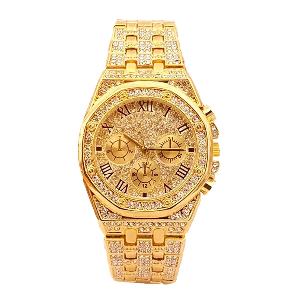 

Mens Watches Top Brand Luxury Iced Out Watch Hip Hop Gold Diamond Watch For Men Stainless Steel Quartz Waterproof Wristwatch, 2 colors