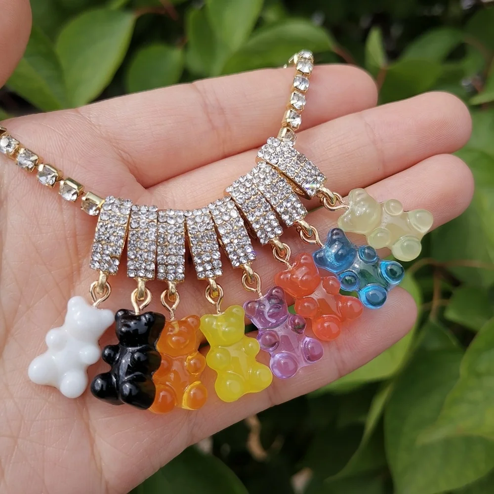 

Summer Fashion Bling Crystal Tennis Chain Choker Colorful Transparent Gummy Bear Pendant Necklace Women Girls Jewelry