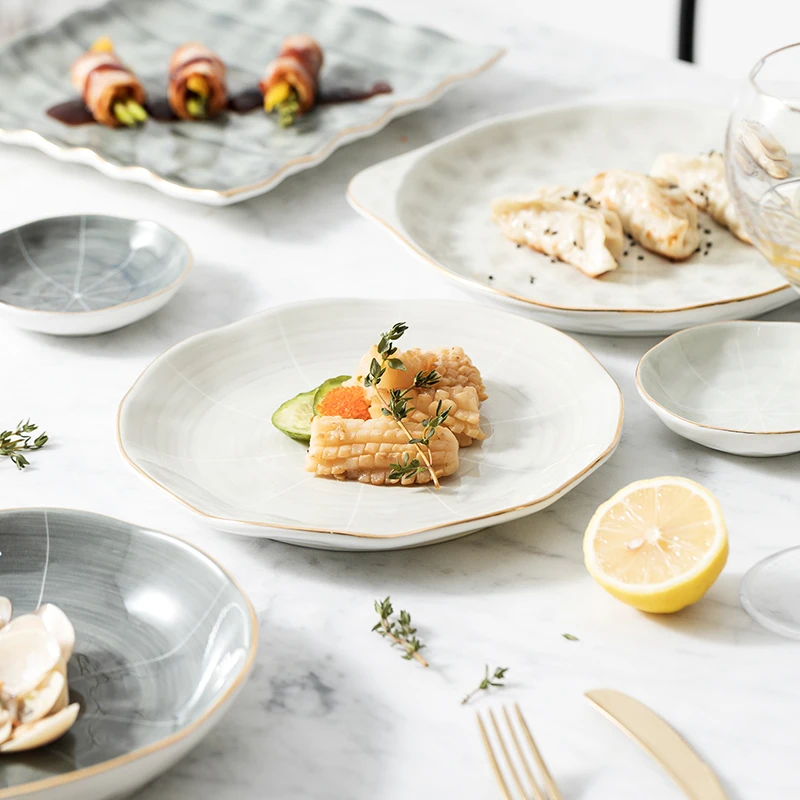 

European Style Tableware Irregular Grey Gold Rim Luxury Ceramic Dinnerware Sets For Restaurants