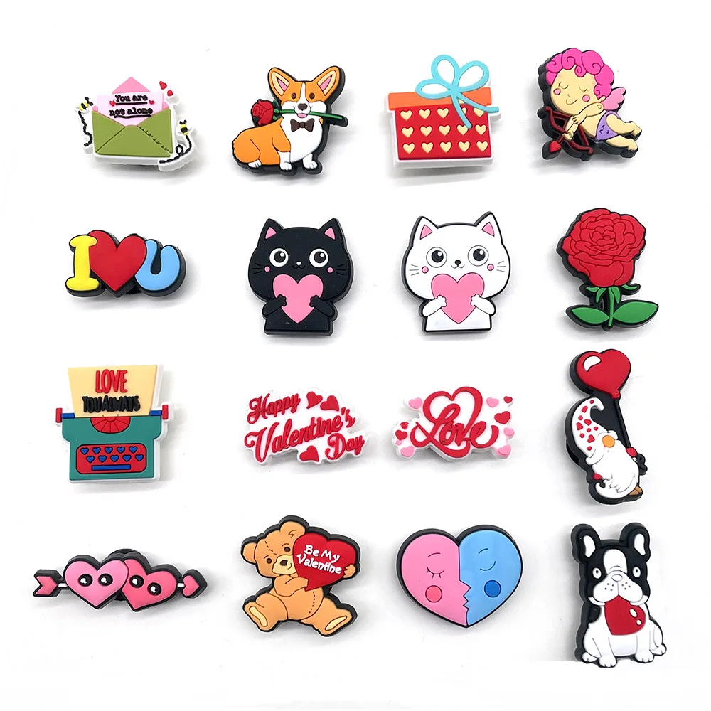 

Valentine's Day collection Wholesale PVC Clog Shoe Decorations Charms Soft Rubber Shoe croc Charms As a gift for the child, As picture