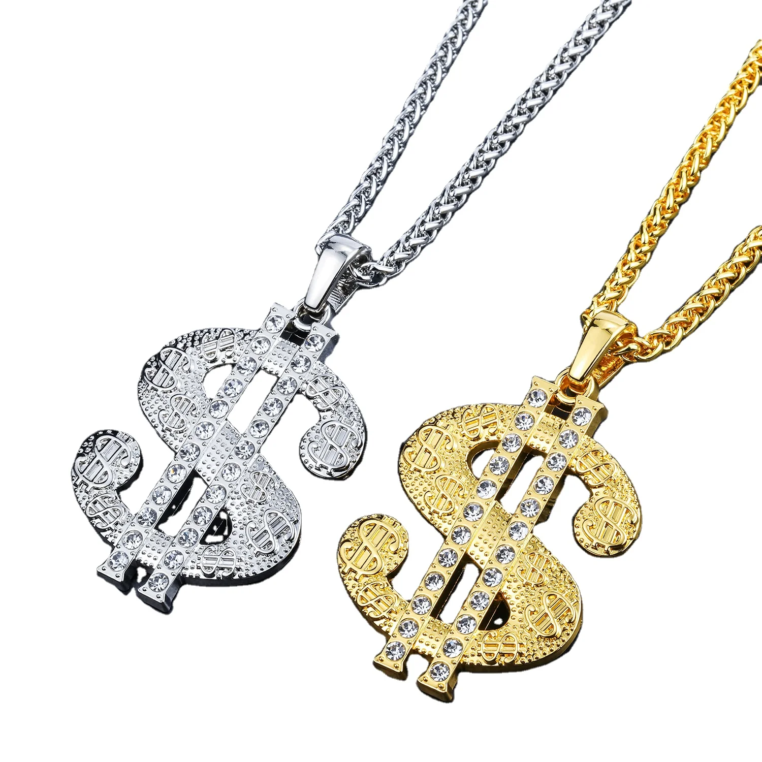 

Hips Hops 18k Real Gold Plating US Dollar Pedant Necklace Micro CZ Pave Money Sign Link Chain Necklace