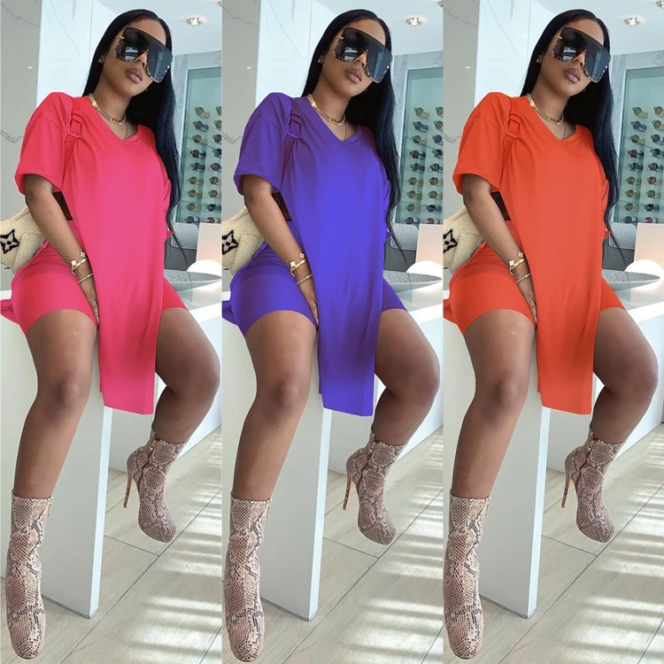 

KG0103 2021 Summer Casual Womans 2 Piece Set Women Trendy V Neck Outfits Two Piece Short Set, As pictures or customized color