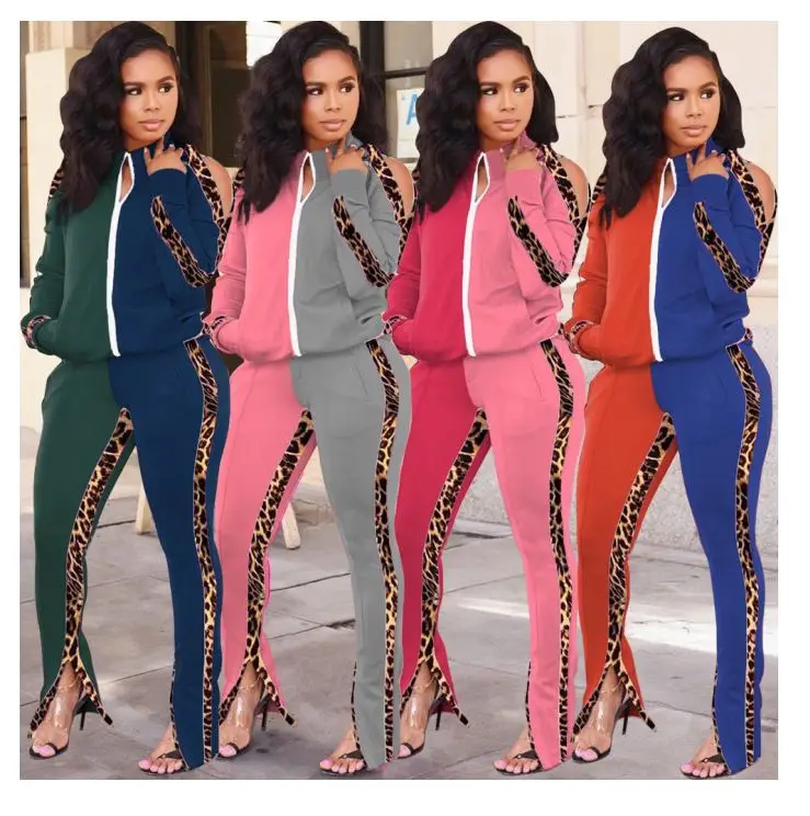 

Foma Clothing Fall 2020 Women Clothes Leopard Sweatpants Patchwork Jogger Sweatshirt Two Piece Set Women, As pictures