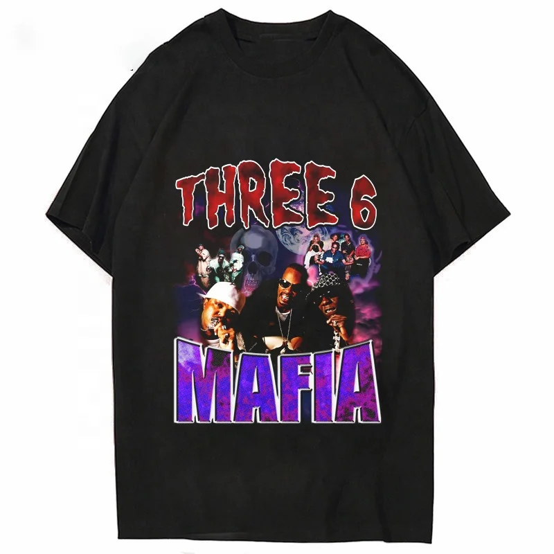 

Wholesale Digital Printing T Shirt Rapper Three 6 Mafia Custom Logo Round Neck Aesthetic Clothing Man T-Shirt, Black white gray dark blue red
