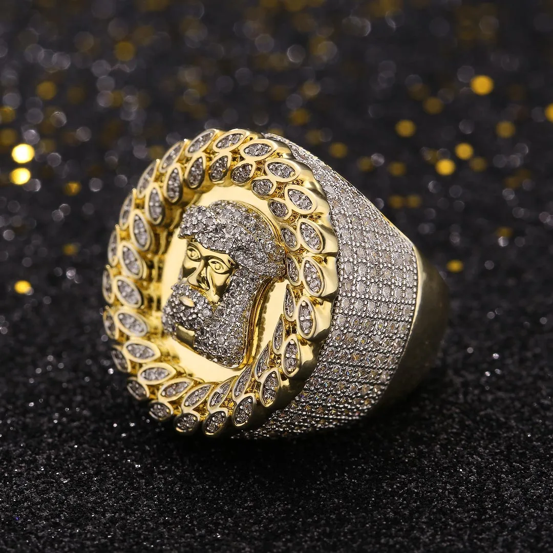

KRKC Crystal Vintage Jewelry Punk CZ Diamond Rings Jesus Head 14K Gold Plated Hip Hop Iced Out Micro Pave Zircon Ring For Men