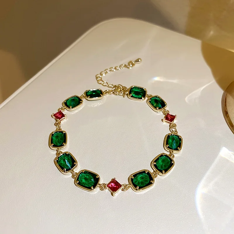 

Barlaycs 2021 Korean Fashion Designer Double Layer Bracelet Gold Plated Luxury Green Rhinestone Charm Beaded Bangle Jewelry Gift
