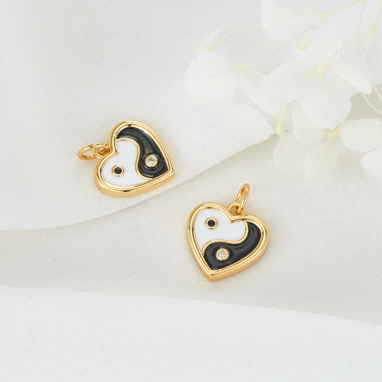 

Hot Sale Fashion 14K Gold Plated Enamel Heart shape Yin Yang Pendant For Necklace Making