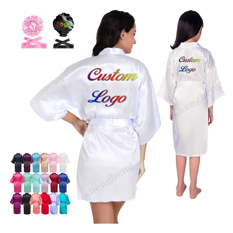 

Wholesale Custom Private Logo Women Salon Silk Bonnet Headband Girl Baby Satin Robe Mommy and me Kimono Satin Robe Set, Customized color