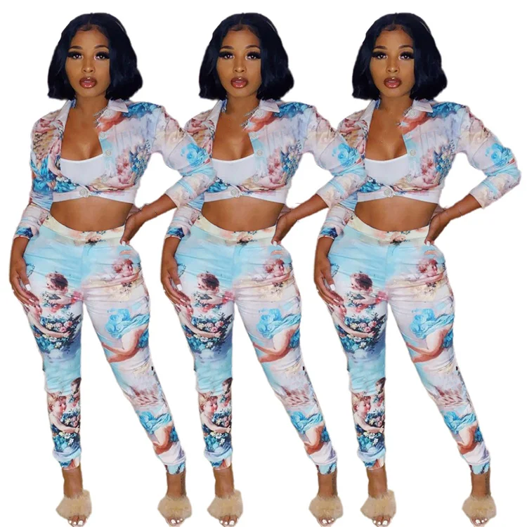 

Europe and America casual button down designer crop top fall set t shirt women plus size activewear floral print two piece set