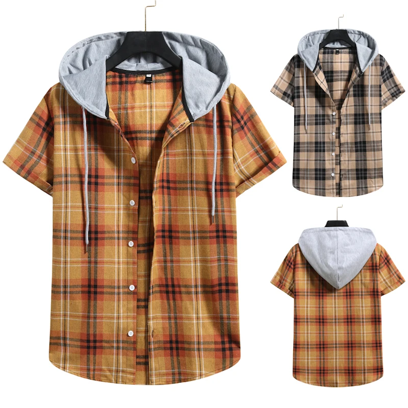 

New men's short-sleeved shirt men's button hooded striped plaid short-sleeved fashion light shirt, Custom color