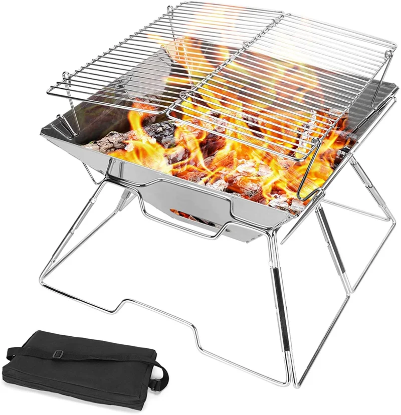 

Amazon hot sale oudoor camping fire pit wood stove burner folding campfire grill with carrying bag, Silver