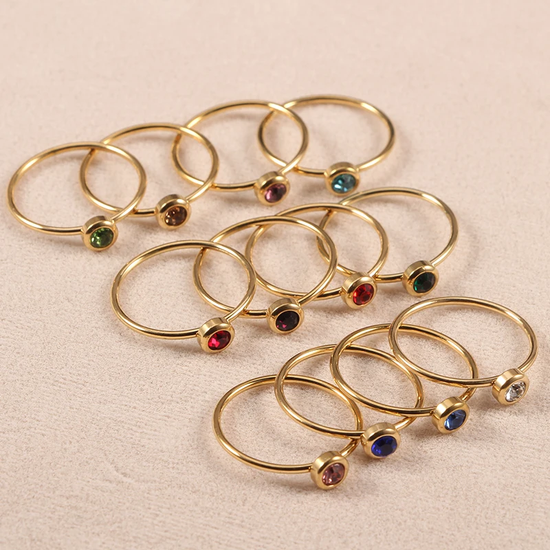 

Trendy 12 Birthstone Rings 18K Gold Plated Stainless Steel Jewelry Women Zircon Micro Rings