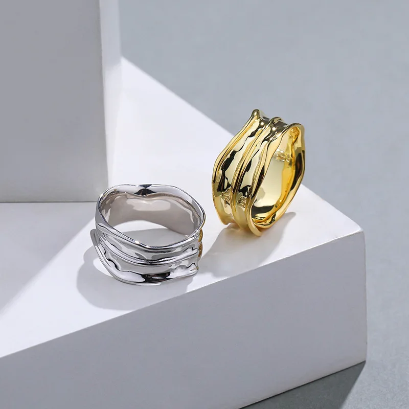 

new S925 sterling silver irregular opening adjustable pleated texture ring chunky rings