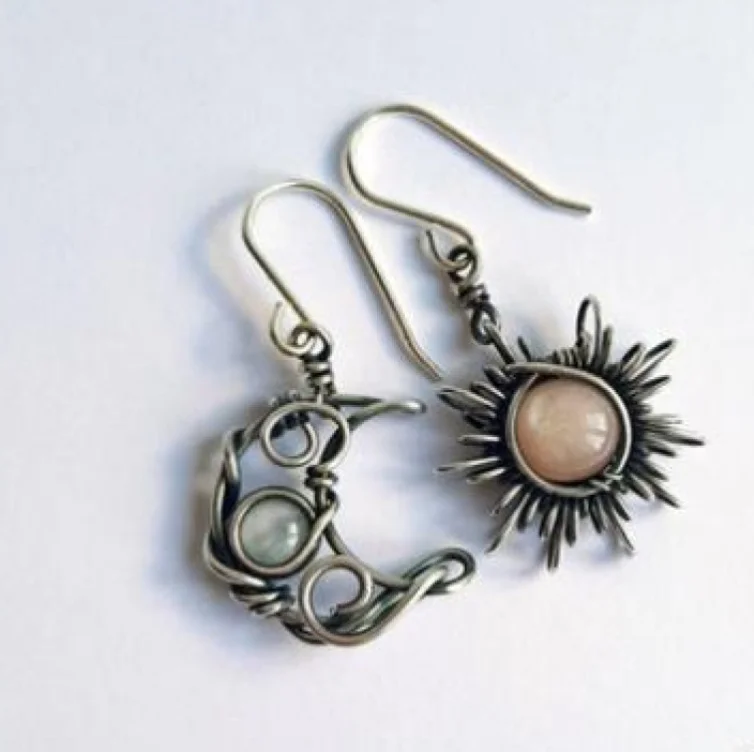 

Bohemian retro Sun moon Moonstone asymmetrical earrings hot sale