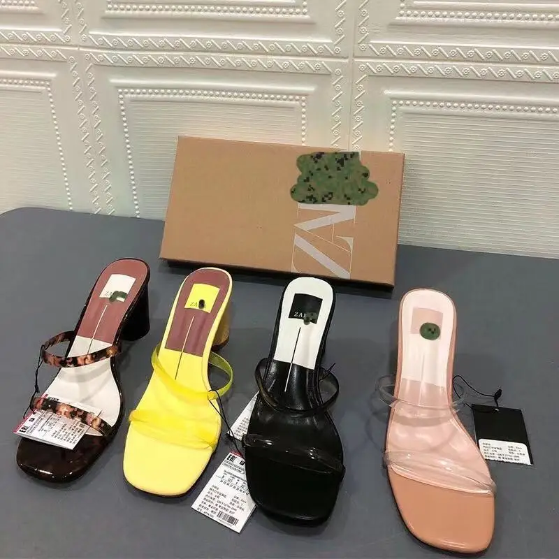 

Brand shoes women slides summer fashion minimalist style double clear strap lady slippers sandals block heel female mules