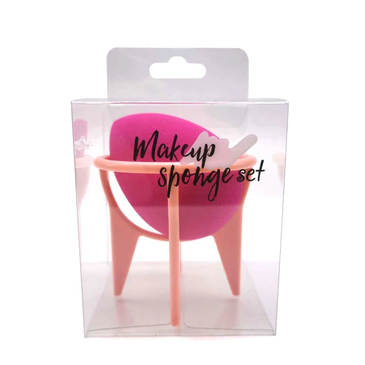 

SN-01 2020 PVC packaging box blender case custom beauty makeup sponge plastic holder set with package, Hot pink sponge+ pink holder