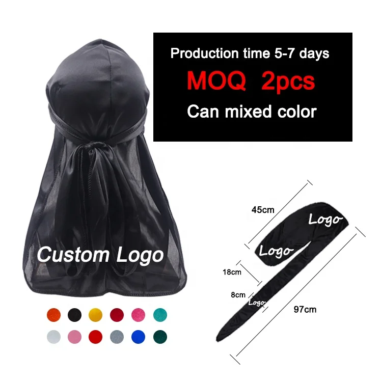 

Durag Wide Tails Dorags Headwear MOQ 2pcs Custom Printed Designer Durags Stretchable Smooth Silk Durags