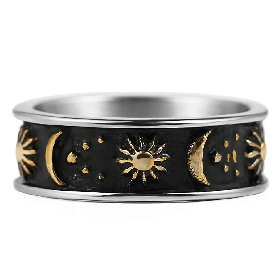 

Retro old moon sun bohemian men's ring golden moon sun ring