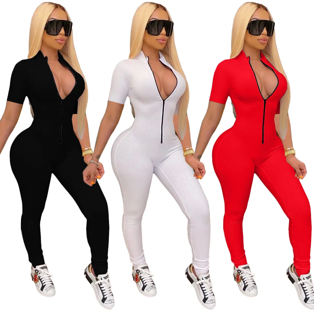 

2022 New Arrivals Fashion Women Casual Stand Neck Front Zipper Short Sleeve Slim Pants Solid Ribbed Jumpsuit, Picture show