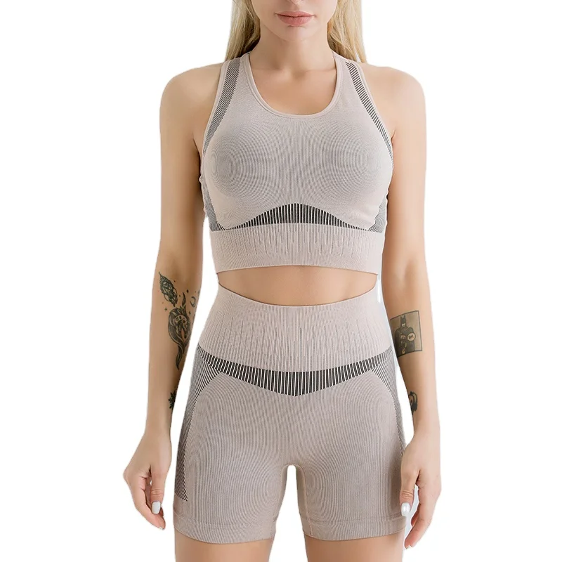 

2021 INS women U neck work out workout 2 piece active wear gym gear fitness 2 pcs yoga short biker shorts set