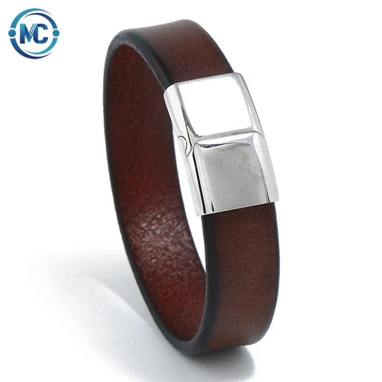 

High Quality Retro Punk Style Stainless Steel Magnetic Buckle Wristband Men Plain Real Genuine Cow Leather Bracelet Jewelry