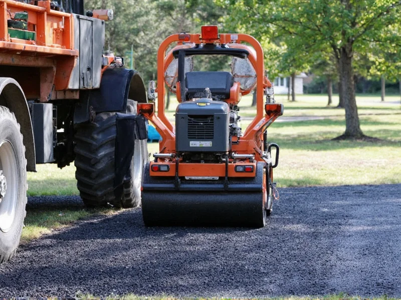 Plate compactor smoothing hot asphalt on driveway