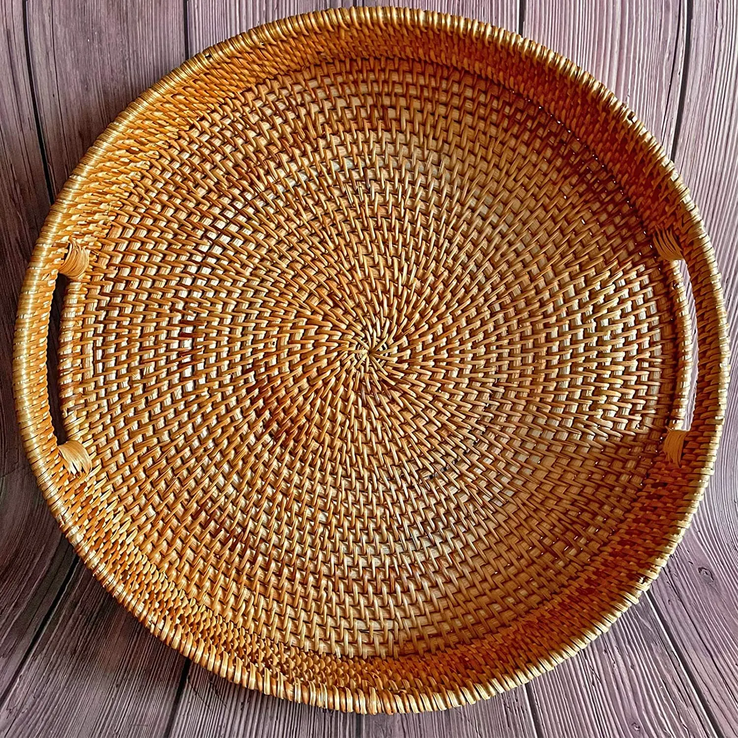 

Handmade Natural Round Rattan Serving Tray with Wooden Handles, Food Serving Woven Tray for Breakfast, Drinks, Snacks