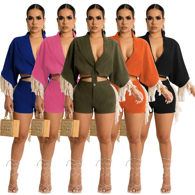 

Fashion Ladies Batwing Suit Sexy Tassels Solid Color Summer Plus Size Women 2 Piece Shorts Set, Picture shows